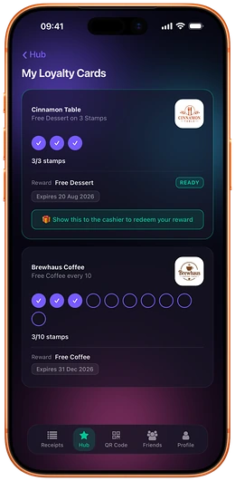 Loyalty stamp cards in Loop CheckOut, filling automatically as purchases are made, with one showing a reward ready to claim.
