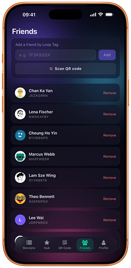 The friends list in Loop CheckOut, showing saved contacts added by their Loop Tag.