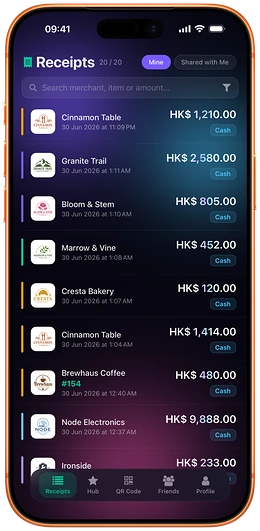 The searchable receipts list in Loop CheckOut, filtered to find one purchase among months of history.