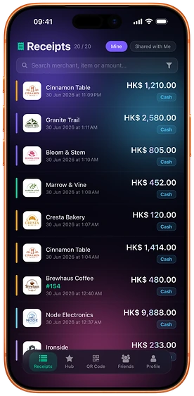 The Loop CheckOut receipts list, showing recent purchases from Hong Kong merchants with dates and amounts, and a search box.