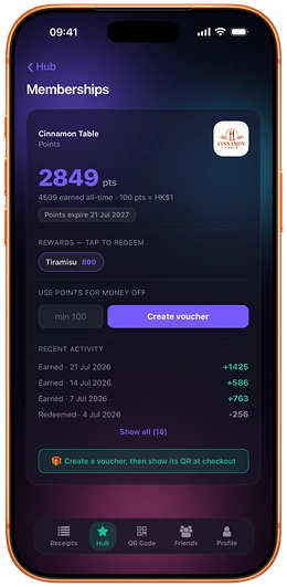 A membership screen in Loop CheckOut showing accumulated points, what they convert to, and their expiry date.