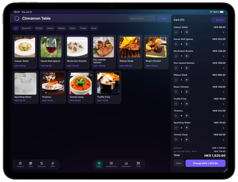 The Loop CheckOut sell screen on an iPad, catalog on the left and the running bill on the right.