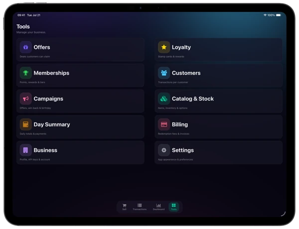 The Tools tab on the merchant iPad: catalog and stock, loyalty and memberships, customers, offers and day summary.