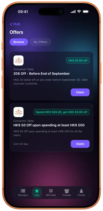 Offers in the Loop CheckOut app: deals from shops the customer already uses, each with a Claim button.