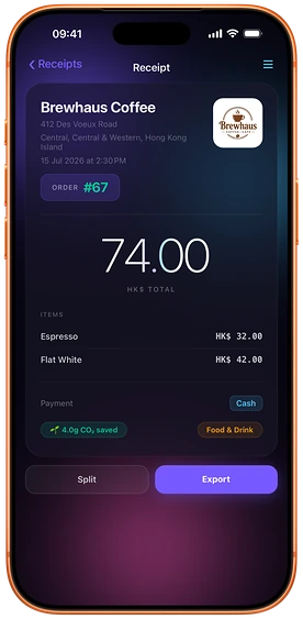 A Loop CheckOut receipt from Brewhaus Coffee showing order number 67, two drinks itemised and a HK$74 total.