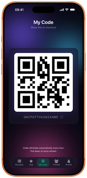 The My Code screen in Loop CheckOut showing the QR code presented at the counter.