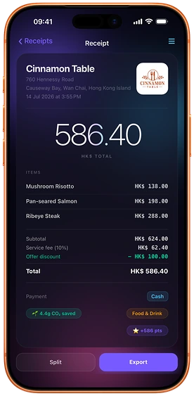 A Loop CheckOut receipt from Cinnamon Table showing every line item, the HK$586.40 total, carbon saved and loyalty points earned.
